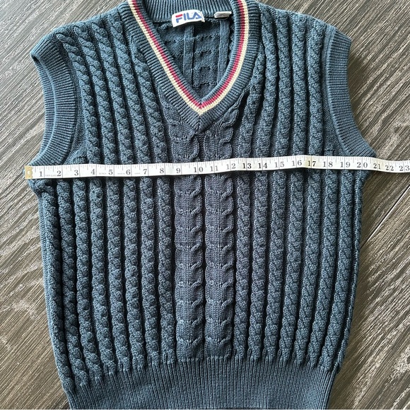 FILA Unisex Elevated Vintage Cable Knit V-Neck Sweater Vest Navy Blue, Small - Picture 7 of 9